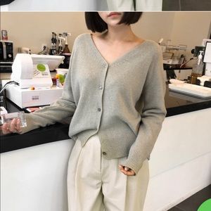 V-Neck Wool Blend Khaki Green Cardigan